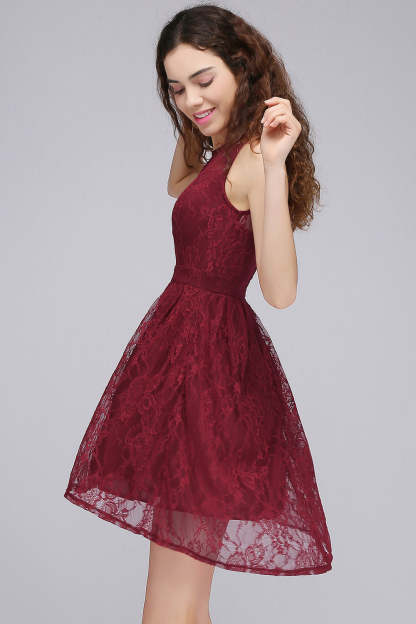 Chicloth A-Line Round Neck Short Lace Burgundy Homecoming Dress