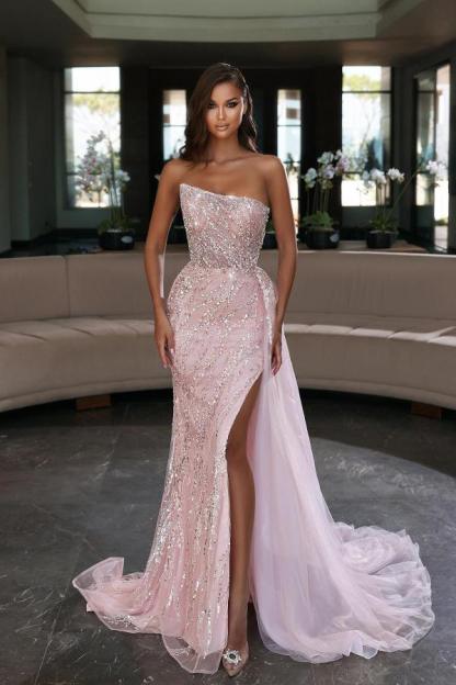 Chicloth Strapless Pink Mermaid Evening Dress With Beadings Split