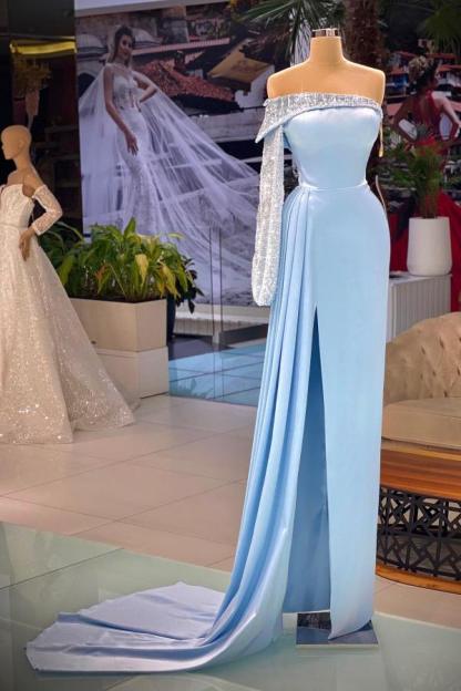 Chicloth Long Sleeves Off-the-Shoulder Evening Dresses Mermaid Slit Long