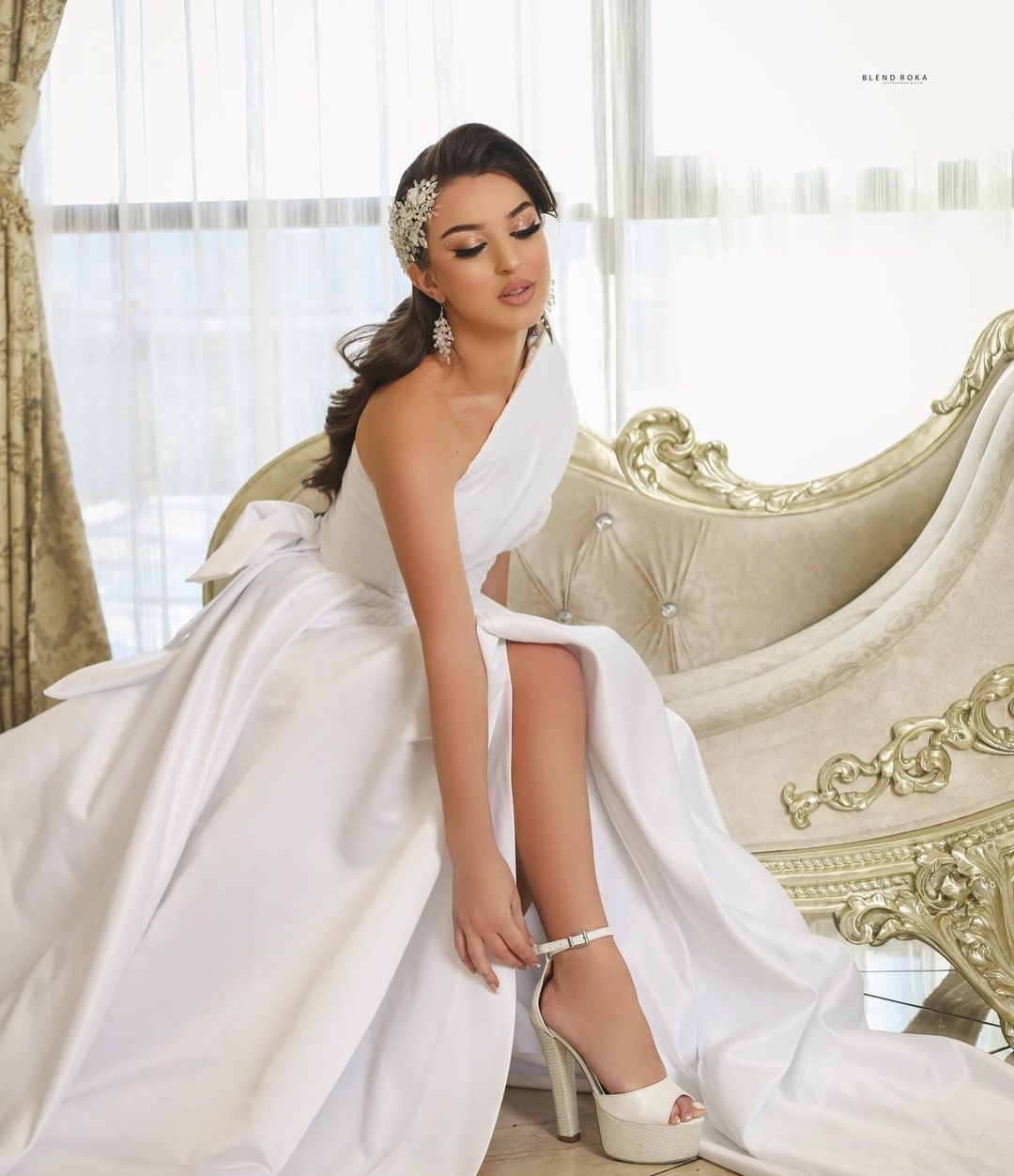 Chicloth Off-the-Shoulder White Wedding Dress Satin With Slit