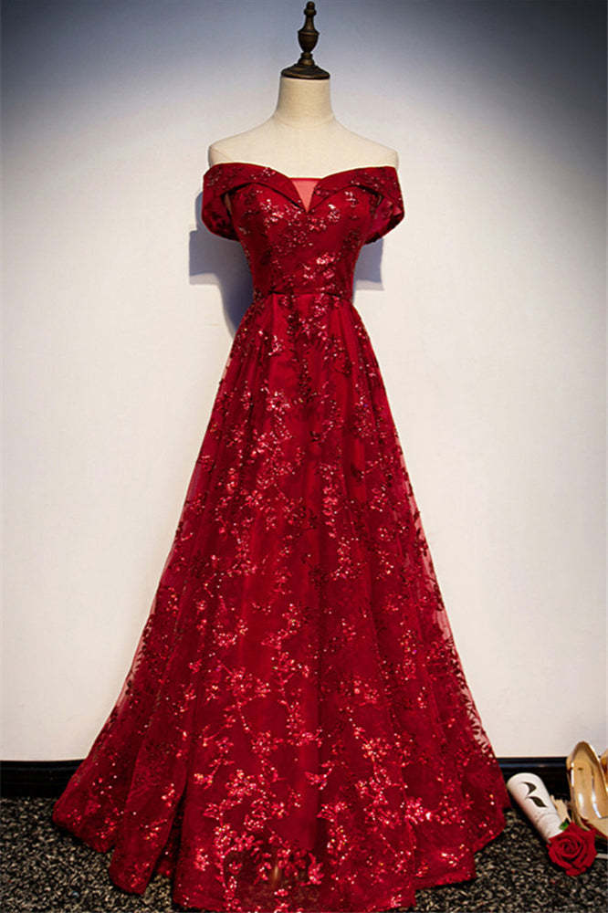 Chicloth Gorgeous Off-the-Shoulder Sleeveless Burgundy Prom Dresses with Appliques