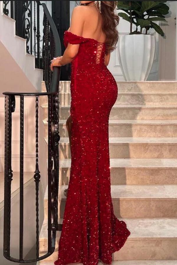 Chicloth Off-the-Shoulder Burgundy Prom Dresses Sequins Long Slit