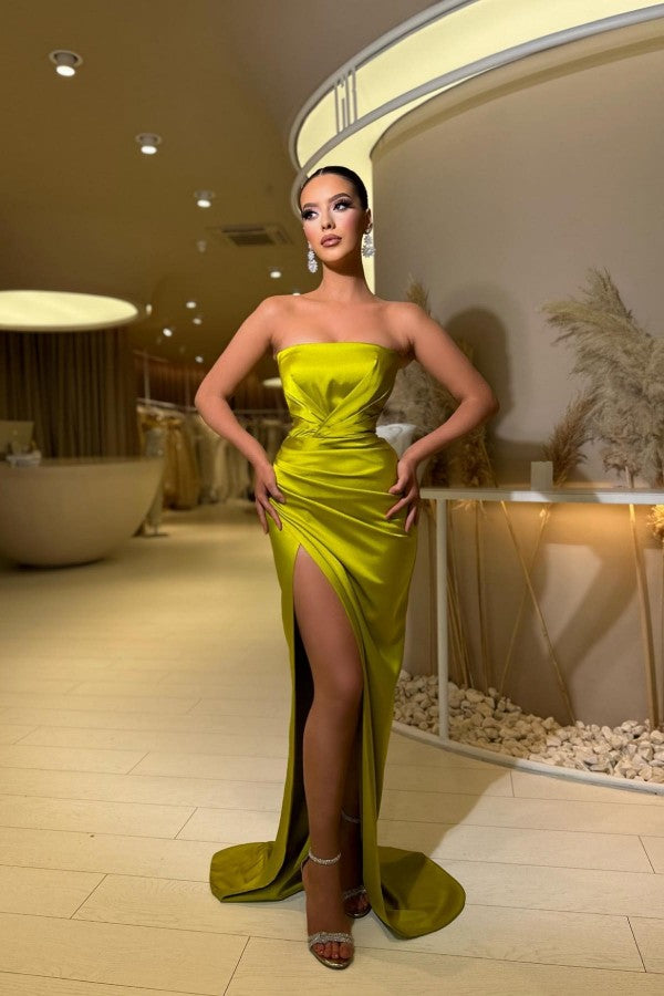 Chicloth Yellow Green Strapless Prom Dress Mermaid Long With Split