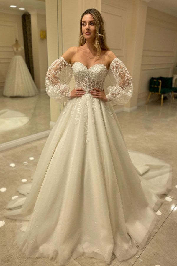 Chicloth Sweetheart Lace Wedding Dress Detachable Sleeves