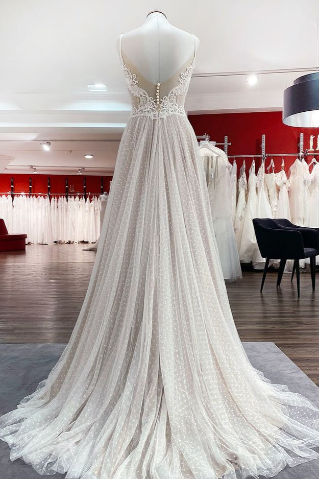 Chicloth Women Sleeveless Tulle Lace Backless A-Line Wedding Dresses