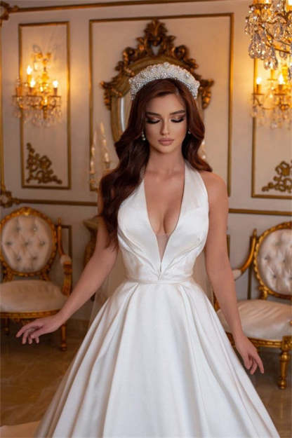 Chicloth Halter V-Neck Wedding Dress Sleeveless Long