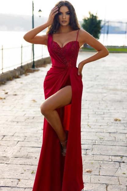 Chicloth Burgundy High Split Prom Dress Long Spaghetti-Straps