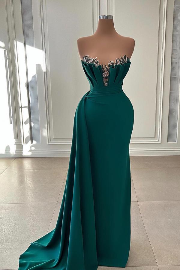 Chicloth Strapless Dark Green Prom Dress Mermaid Long With Ruffle