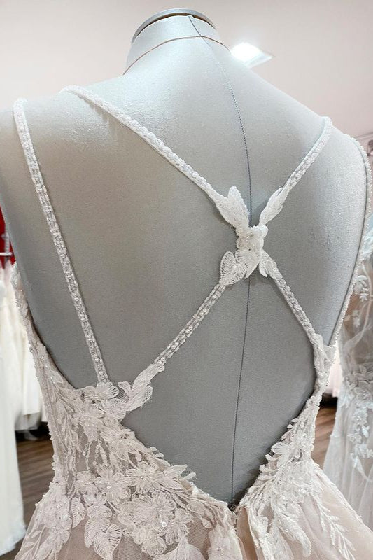 Chicloth Elegant V Neck Ivory Sleeveless Ruffles A-Line Wedding Dresses