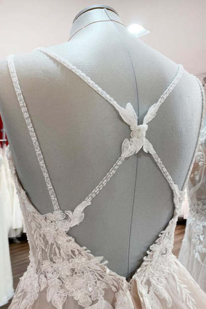 Chicloth Elegant V Neck Ivory Sleeveless Ruffles A-Line Wedding Dresses