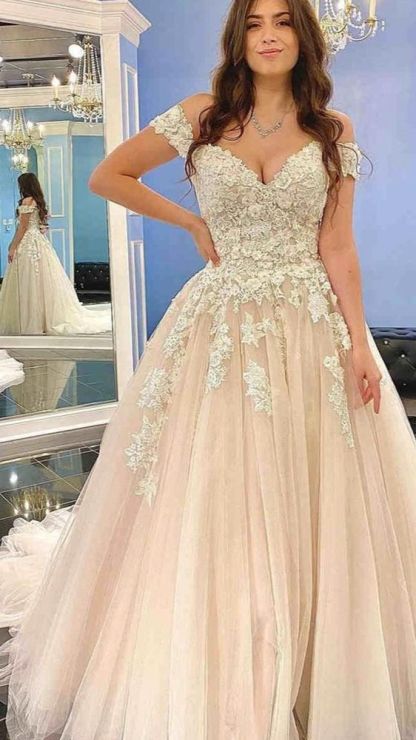 Chicloth Off-the-Shoulder Princess Wedding Dress Champagne With Lace Appliques