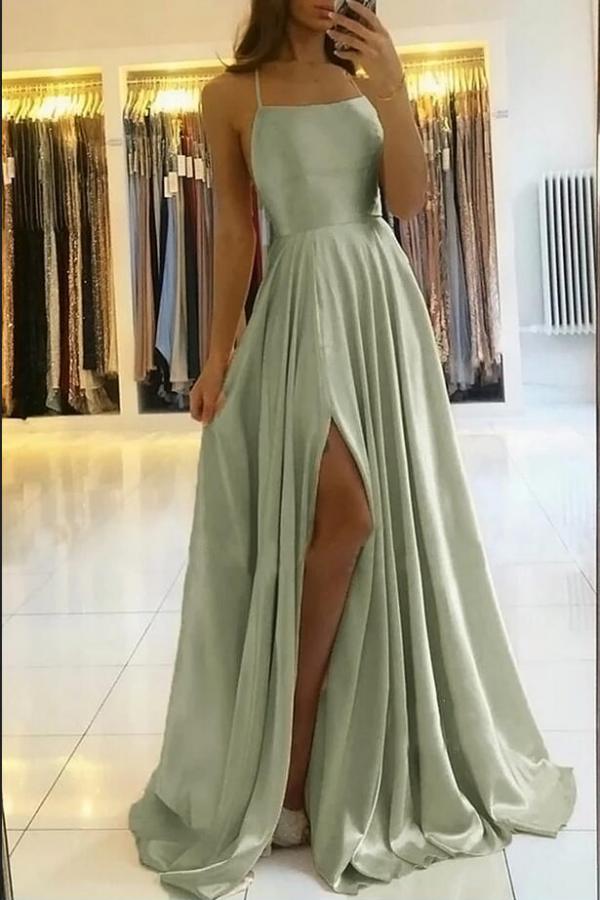Chicloth Spaghetti-Straps Dusty Sage Prom Dress Long Split