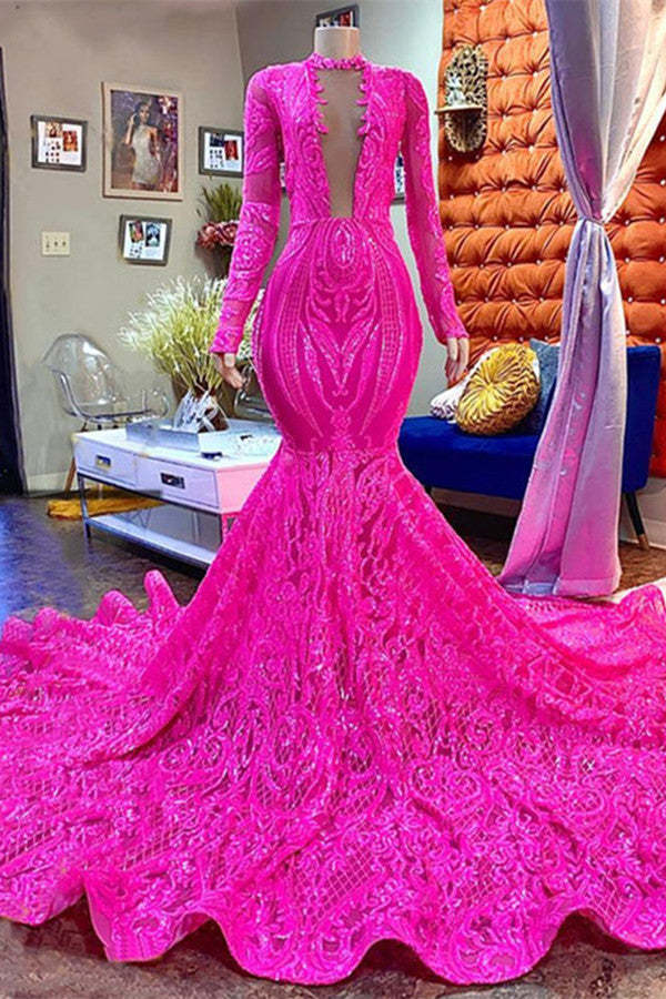 Chicloth Long Sleeves Fuchsia Prom Dress Mermaid Sequins Online