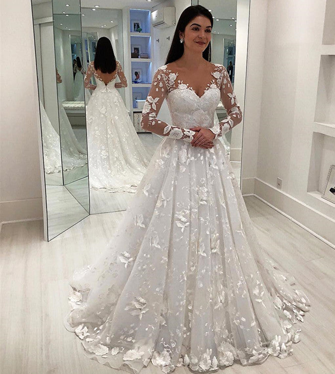 Chicloth Long Sleeves Wedding Dress With Lace Appliques Princess Bridal Gowns