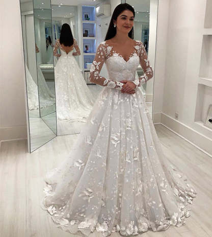Chicloth Long Sleeves Wedding Dress With Lace Appliques Princess Bridal Gowns