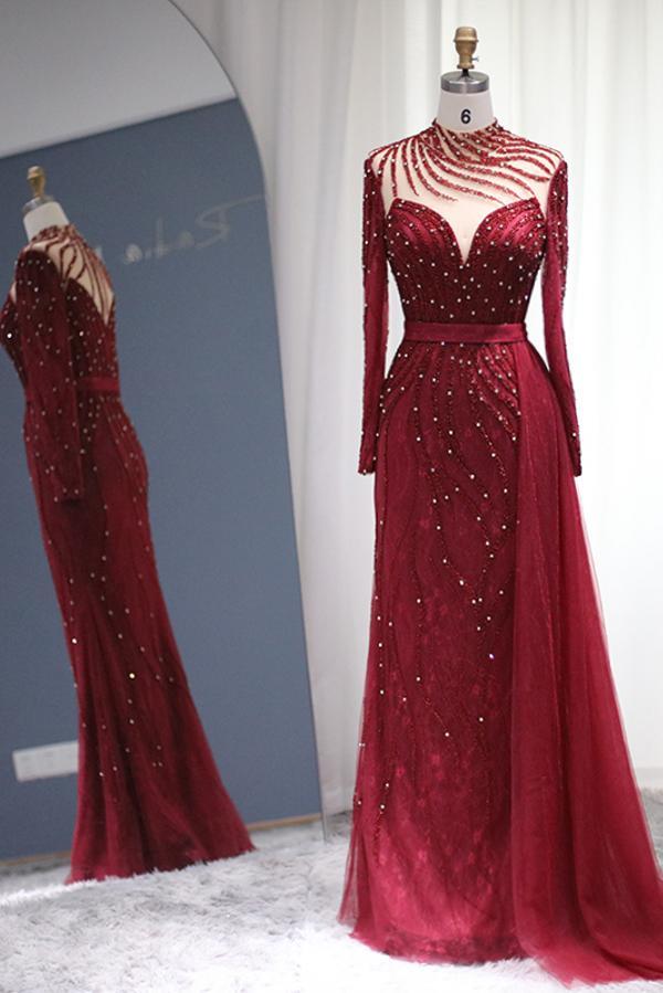 Chicloth Burgundy Long Sleeves Beadings Evening Dress High Neck Mermaid Party Gowns