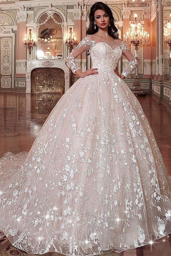 Gorgeous Sweetheart Long Sleeve Applique Ball Gown Wedding Dress
