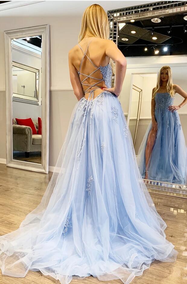 Sky Blue High Split A-Line Ball Gown Prom Dress with Lace Appliques