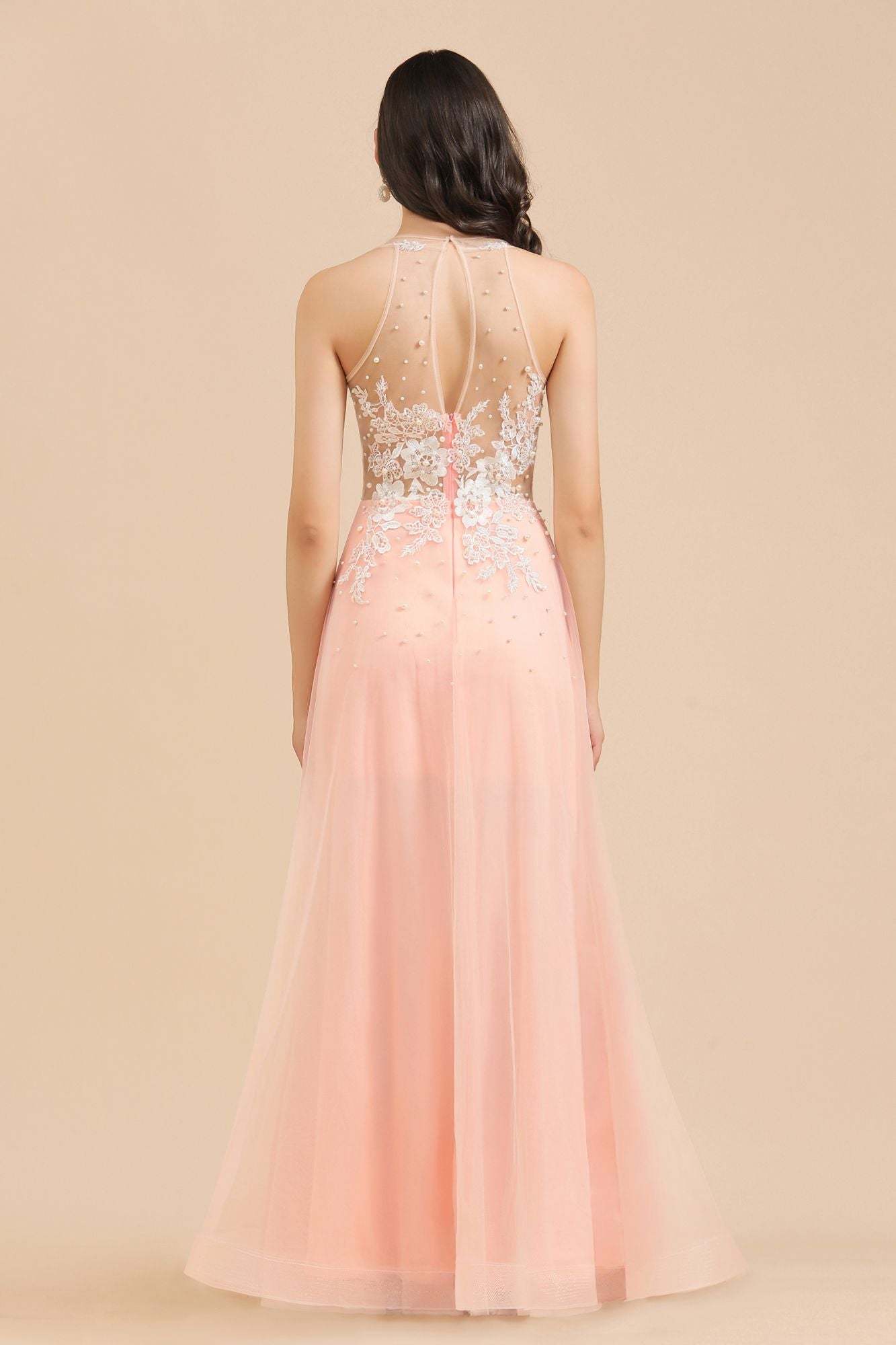 Chicloth Round Neck Lace Appliques Long Evening Prom Dress