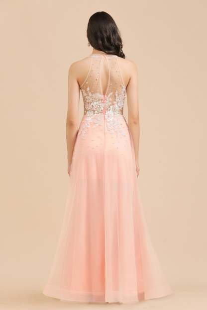 Chicloth Round Neck Lace Appliques Long Evening Prom Dress