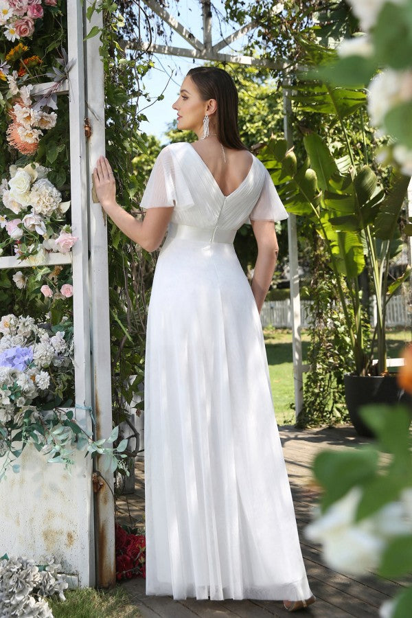 Chicloth Short Sleeves White Birdesmaid Dress Long Chiffon V-Neck