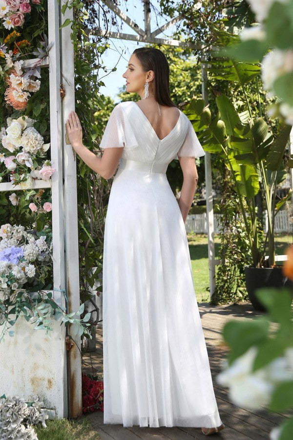Chicloth Short Sleeves White Birdesmaid Dress Long Chiffon V-Neck