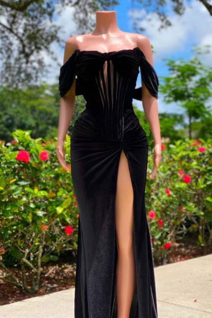 Chicloth Off-the-Shoulder Black Prom Dress Velvet With Slit
