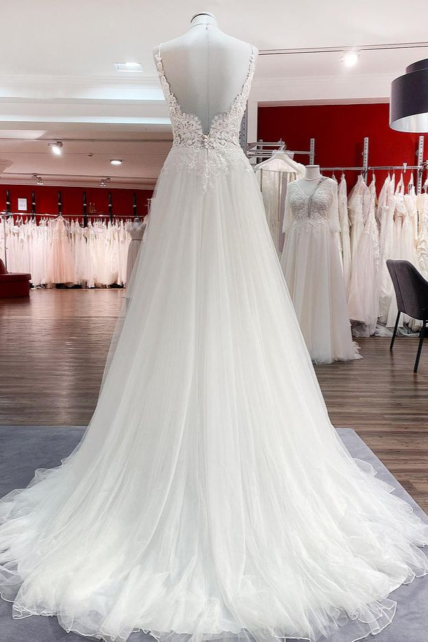 Chicloth Women Tulle V Neck Sleeveless Ruffles Wedding Dresses With Lace