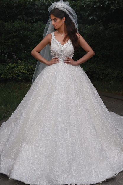 Unique Lace V-Neck Ball Gown Summer Wedding Dress