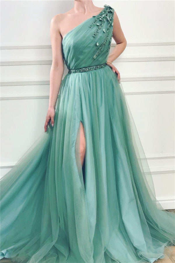 Chicloth One Shoulder Split Prom Dress Long With Applique