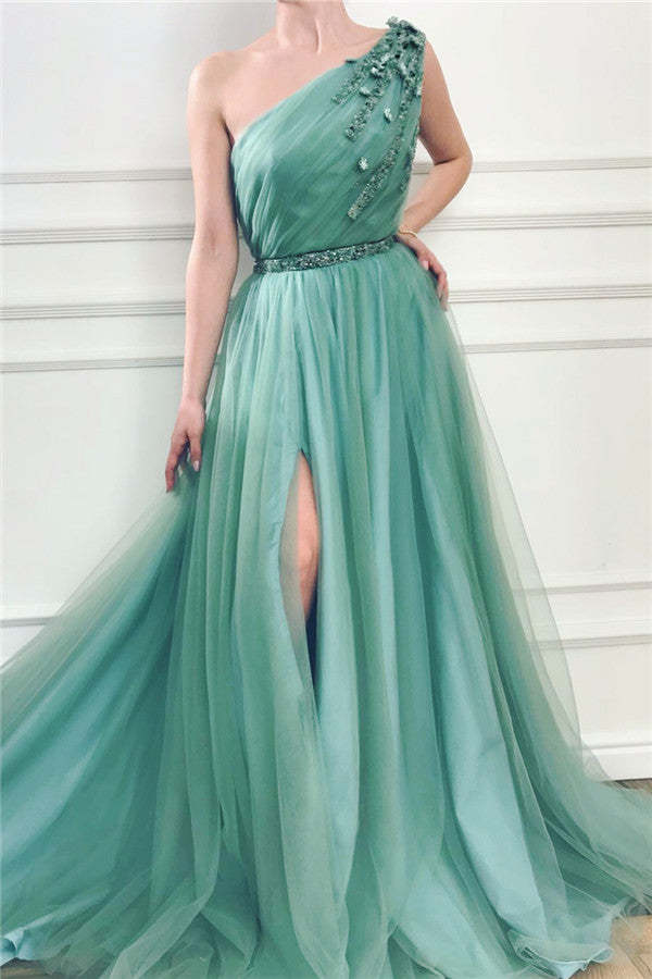 Chicloth One Shoulder Split Prom Dress Long With Applique