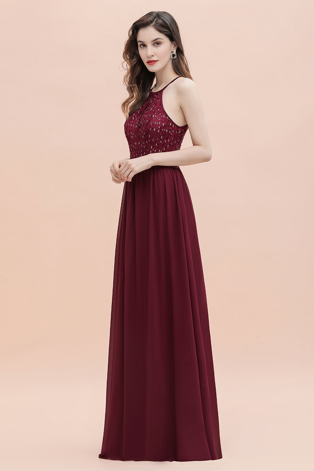 Chicloth Glamorous Halter A-line Bridesmaid Dress Chiffon Sequins Elegant Party Maxi Dress