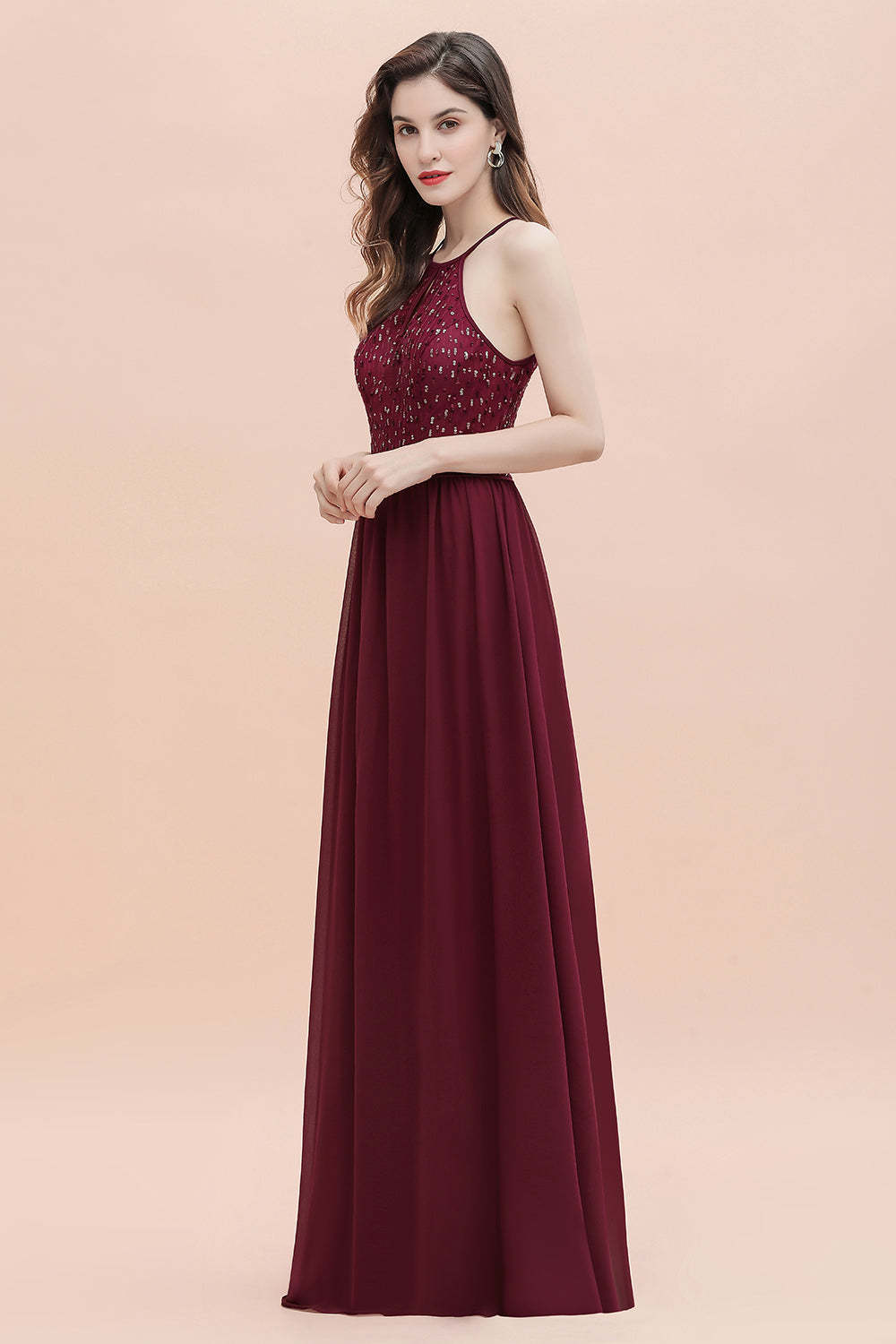 Chicloth Glamorous Halter A-line Bridesmaid Dress Chiffon Sequins Elegant Party Maxi Dress