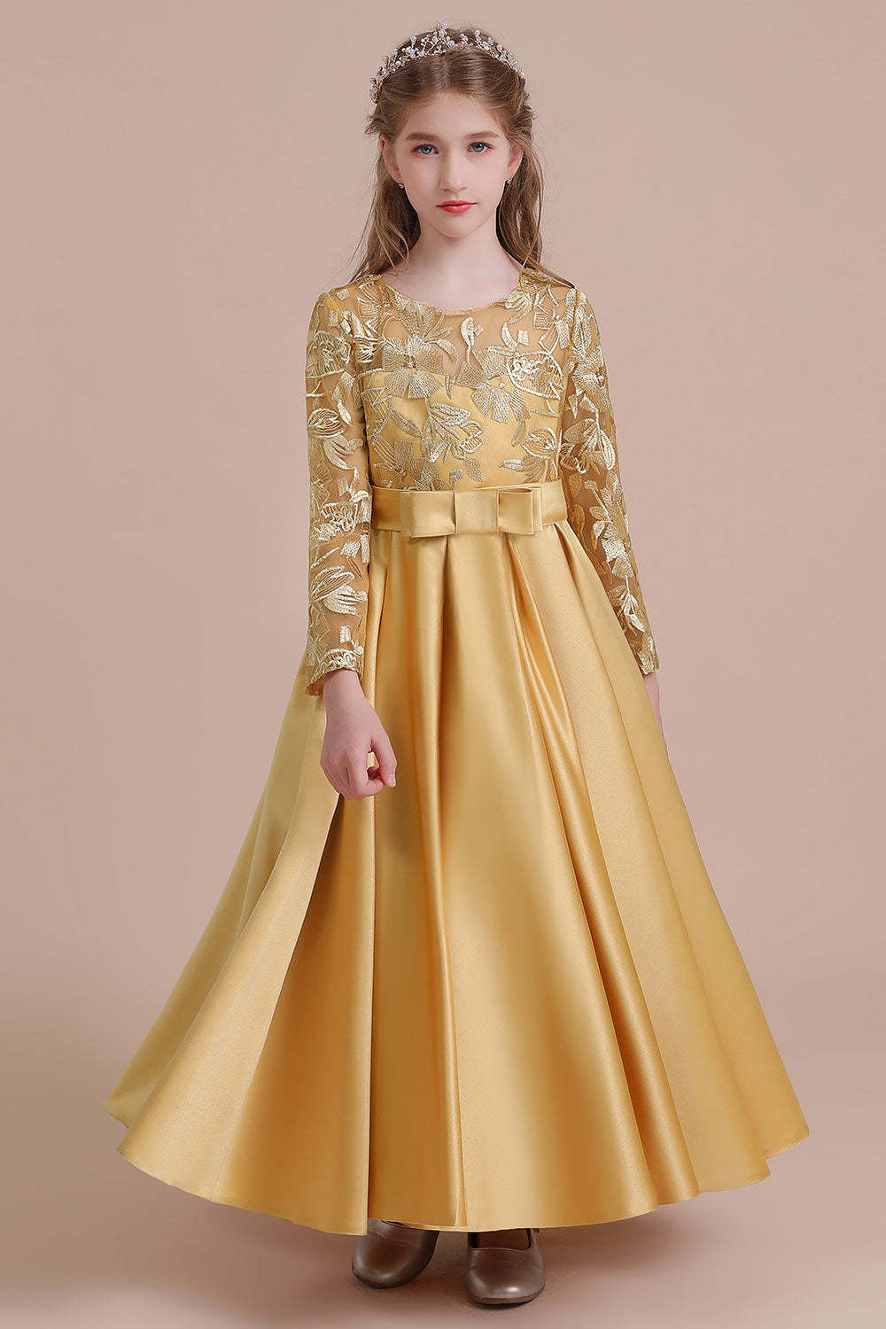 Chicloth A-Line Long Sleeve Satin Ankle Length Flower Girl Dress Online