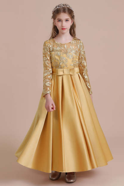 Chicloth A-Line Long Sleeve Satin Ankle Length Flower Girl Dress Online