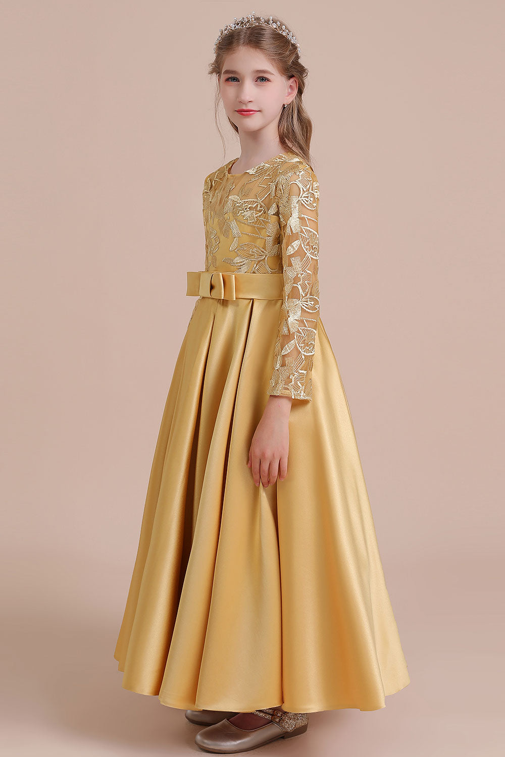 Chicloth A-Line Long Sleeve Satin Ankle Length Flower Girl Dress Online