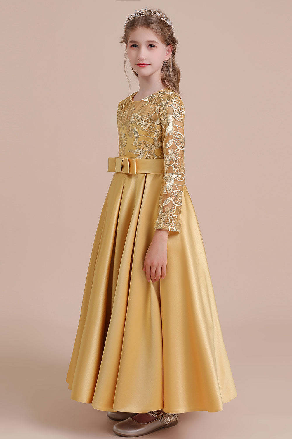 Chicloth A-Line Long Sleeve Satin Ankle Length Flower Girl Dress Online