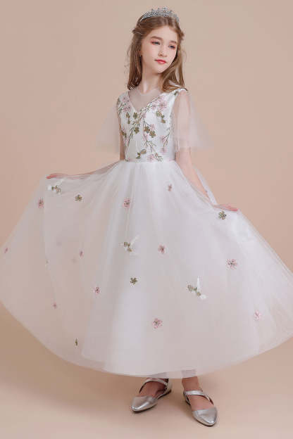 Chicloth A-Line Short Sleeve Embroidered Tulle Flower Girl Dress On Sale