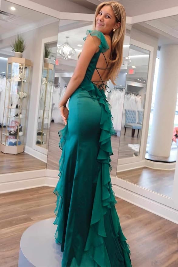 Unique Square Neckline Satin Lace up Split Front Column Prom Dresses 