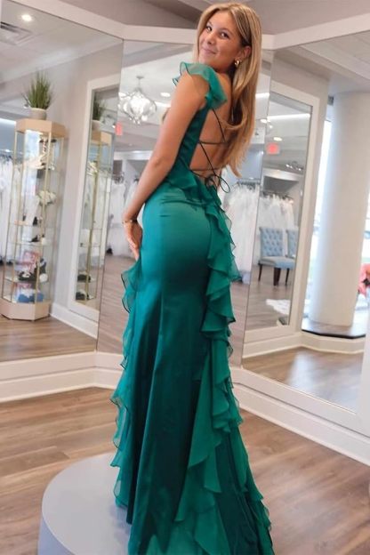 Unique Square Neckline Satin Lace up Split Front Column Prom Dresses 