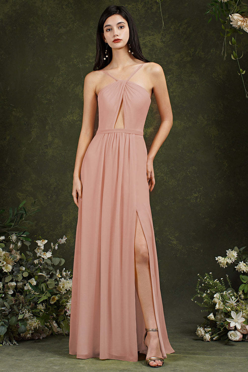 Chicloth Halter Bridesmaid Dress Long Side Slit