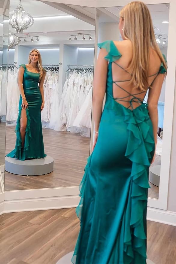 Unique Square Neckline Satin Lace up Split Front Column Prom Dresses 