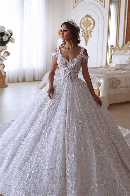 Chicloth Ball Gown Wedding Dress V-Neck With Lace Appliques