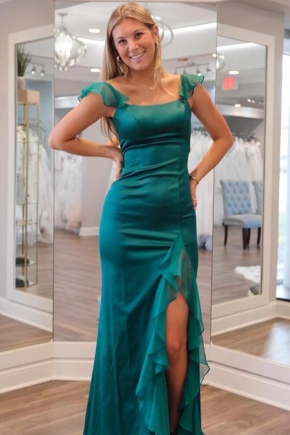 Unique Square Neckline Satin Lace up Split Front Column Prom Dresses 