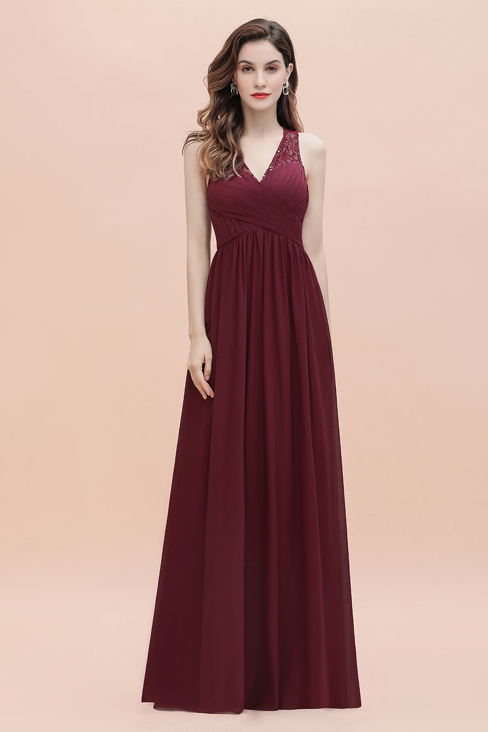 Chicloth Elegant V-Neck Lace Ruffles Bridesmaid Dress Sequins Burgundy Chiffon Evening Dress