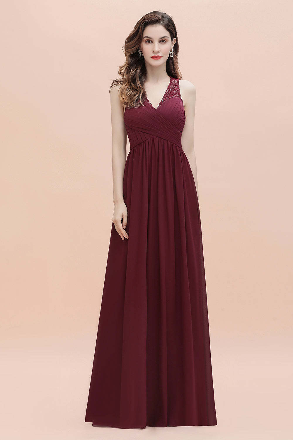 Chicloth Elegant V-Neck Lace Ruffles Bridesmaid Dress Sequins Burgundy Chiffon Evening Dress
