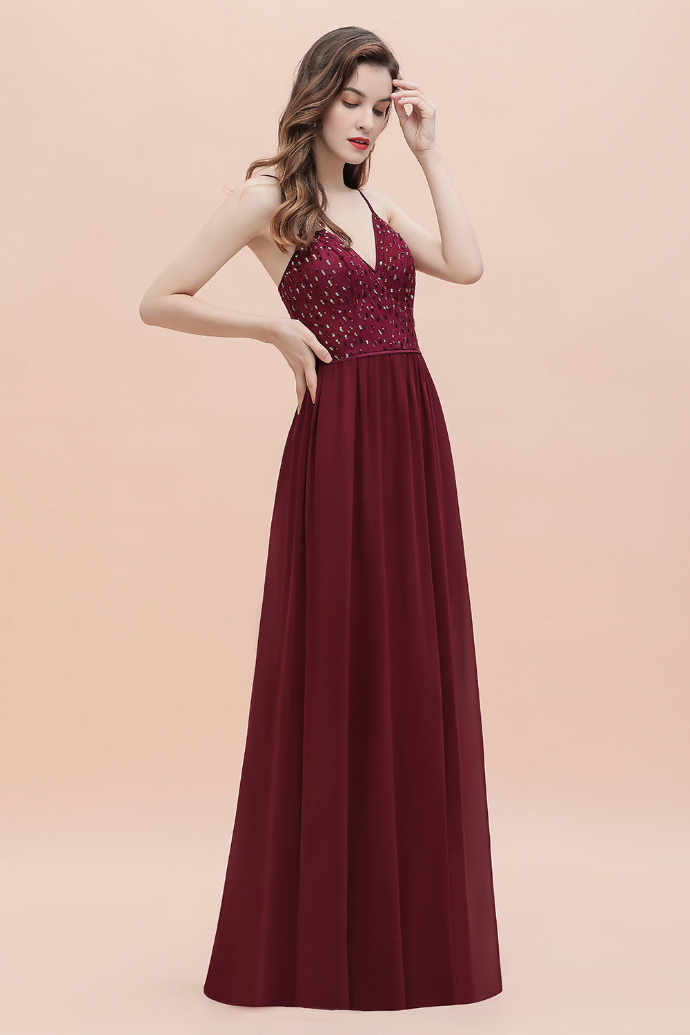 Chicloth Fabulous A-line Burgundy Chiffon Bridesmaid Dress V-Neck Spaghetti Straps Sequins Evening Dress