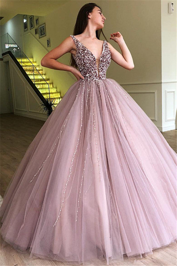 Chicloth Sleeveless Ball Gown Prom Dress Tulle Evening Gowns With Appliques