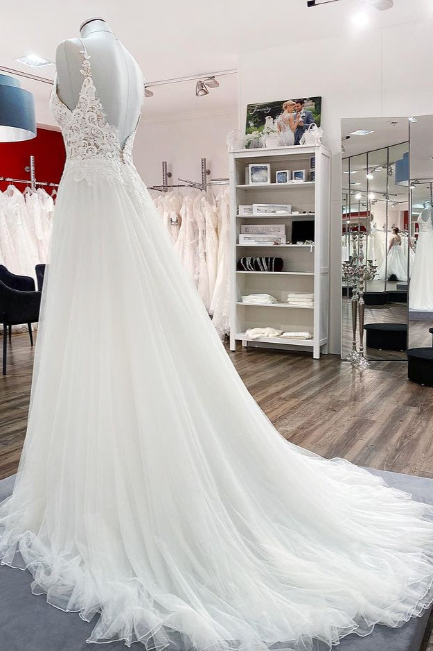 Chicloth Women Tulle V Neck Sleeveless Ruffles Wedding Dresses With Lace