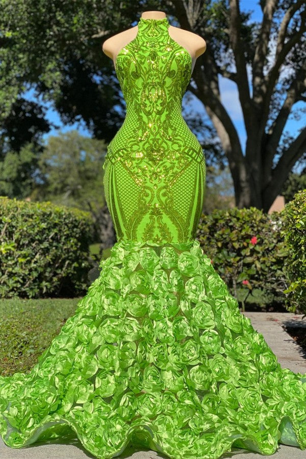 Chicloth Green High Neck Prom Dress Sleeveless Sequins Mermaid Flowers Bottom